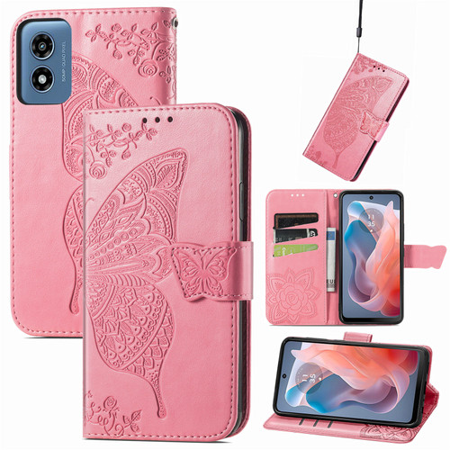 Moto G Play 2024 Butterfly Love Flower Embossed Leather Phone Case - Pink